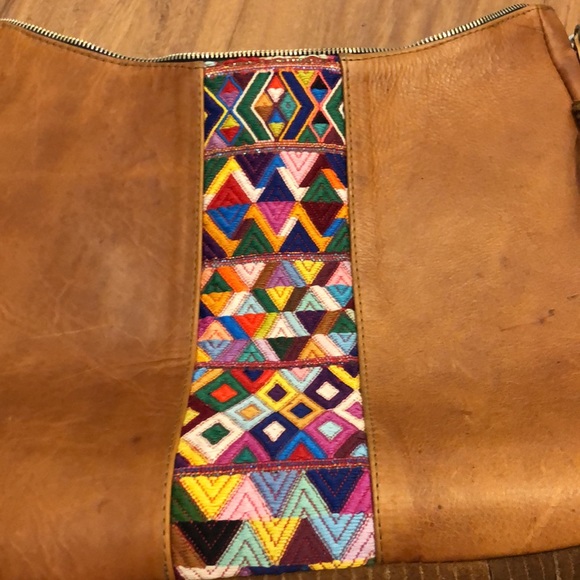 Bohemian Tan Crossbody Bag with Multicolor Accent HUIPIL Woven Design FRINGE - Picture 2 of 4